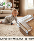 Top Notch Baby Corner Protectors 16 Piece Clear Table Edge Guards on wooden table with crawling baby in background.