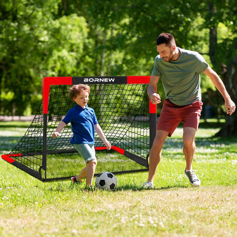 Father and son playing with 2 Pack 4 By 3 Foot Pop Up Soccer Goals For Backyard And Indoor Play Kids Youth And Adult Training Equipment Portable Nets