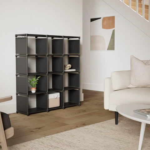 12-Cube Metal Book Shelf Storage Organizer DIY Bookcase Tall Black Shelving Unit for Bedroom Living Room Office Closet