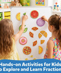 Two kids using Hands On Magnetic Fraction Tiles And Circles Set with Bars for Montessori Math Manipulatives on whiteboard.