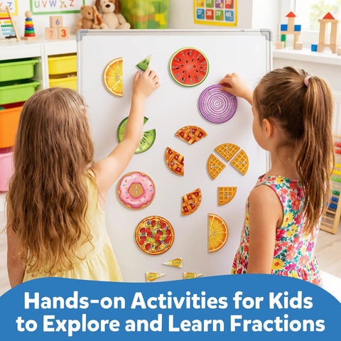 Two kids using Hands On Magnetic Fraction Tiles And Circles Set with Bars for Montessori Math Manipulatives on whiteboard.