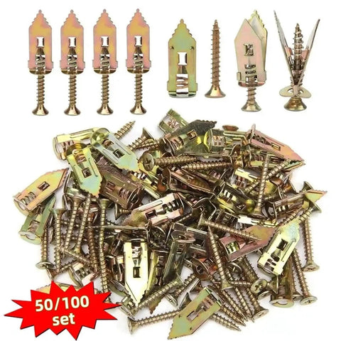 DIY Friendly Self Drilling Drywall Anchor Kit 30 And 50 Piece Set Zinc Coated Metal Expansion Anchors For Quick Secure Picture Frame Hangs On Interior Walls, 50/100 set