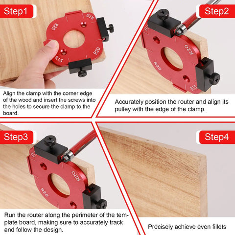 Step-by-step guide using the Built Like A Tank Kickass Aluminum Alloy Router Template And Jig Set for precise corner radius cutting.
