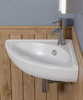 White 22 Inch Corner Wall Mounted Ceramic Porcelain Sink With Faucet Hole Durable Glossy Glaze For Small Bathrooms And Modern Quarters