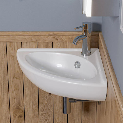 White 22 Inch Corner Wall Mounted Ceramic Porcelain Sink With Faucet Hole Durable Glossy Glaze For Small Bathrooms And Modern Quarters