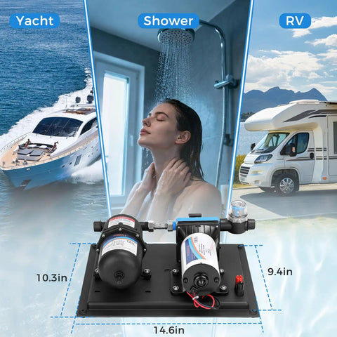 High Flow 12V RV Water Pump With 5.5 GPM And 55 PSI, 0.75L Accumulator Tank, demonstrated in yacht, shower, and RV settings