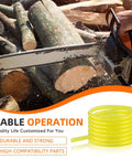 Chainsaw cutting logs with Fuel Line Hose Kit For Small Engine Tools, Twenty Feet Total, Four 5 Foot Sections In Four Sizes