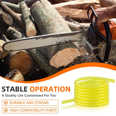 Chainsaw cutting logs with Fuel Line Hose Kit For Small Engine Tools, Twenty Feet Total, Four 5 Foot Sections In Four Sizes