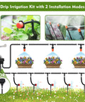 Drip Irrigation Kit For Garden And Greenhouse With 1/4 Inch Tubing Automatic Watering System shown in use with two modes.