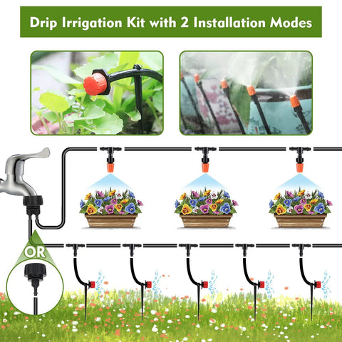 Drip Irrigation Kit For Garden And Greenhouse With 1/4 Inch Tubing Automatic Watering System shown in use with two modes.