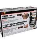 Packaging of Heavy Duty 17 Inch Five Level Power Tool Storage Rack with 200 Pound Capacity, black and white design.