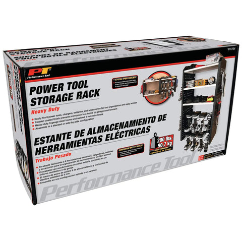 Packaging of Heavy Duty 17 Inch Five Level Power Tool Storage Rack with 200 Pound Capacity, black and white design.