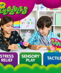 Two children engaging with Crayola Globles for stress relief, sensory play, and tactile fun using colorful rubber spheres.