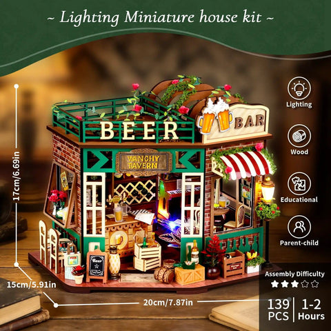 DIY Mini Beer Shop House Kit For Adults 3D Wooden Puzzle Tiny Home With Furnished Interior Book Shelf Decor Craft Project Dope For Puzzle Fans And Beer Lovers Finished Size 6.69 Inch Long By 5.9 Inch Wide By 7.87 Inch Tall