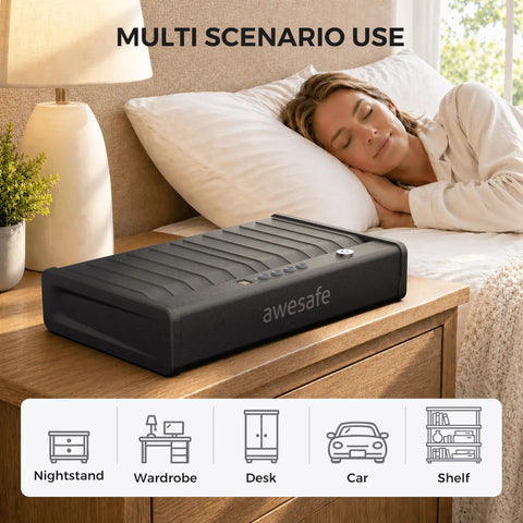 Biometric Gun Safe For Pistols With 3 Ways Quick Access Fingerprint Digital PIN And Key Portable Handgun Safe on nightstand