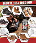 Beast Mode Heavy Duty Shoe Glue for Sole Repair Quick Dry Waterproof Adhesive next to various types of footwear like sneakers and boots.
