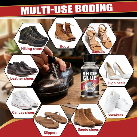 Beast Mode Heavy Duty Shoe Glue for Sole Repair Quick Dry Waterproof Adhesive next to various types of footwear like sneakers and boots.
