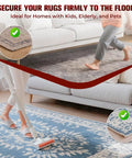 Person vacuuming a rug secured with 12 Pack Double Sided Carpet Tape For Hardwood Floors, Heavy Duty Rug Tape, in a living room.