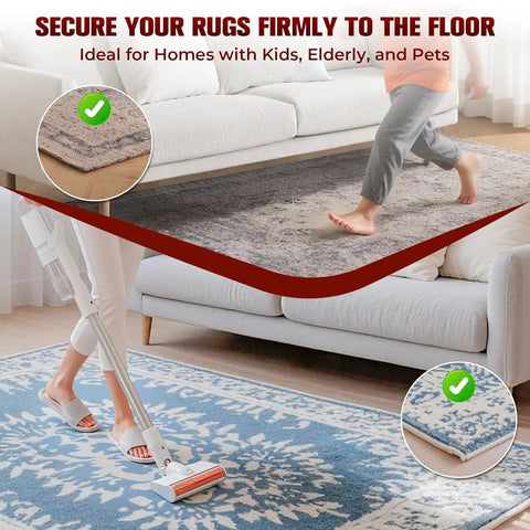 Person vacuuming a rug secured with 12 Pack Double Sided Carpet Tape For Hardwood Floors, Heavy Duty Rug Tape, in a living room.