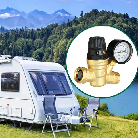 STMOUTUO RV water pressure regulator front view: brass lead-free, 0–160 psi gauge with filter for camper use