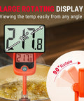 Digital Candy Thermometer With 10 Inch Probe and Pot Clip showing temperature on large rotating LCD display over a pot