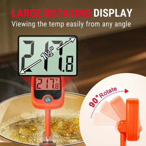 Digital Candy Thermometer With 10 Inch Probe and Pot Clip showing temperature on large rotating LCD display over a pot