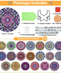 Diamond Art Coasters Kit With Holder For Grownups And Beginners, 20 Mandala Style Coasters, 12 Cork Bases, Colorful Diamonds, Clay Glue, Pen, Tray, And Tools, DIY Diamond Art Crafts Set package contents.