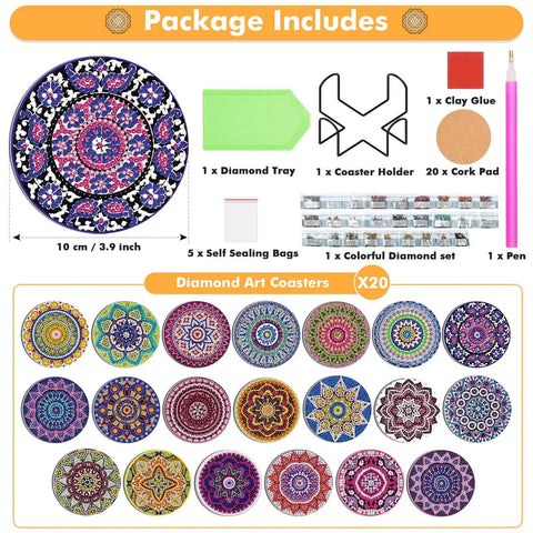 Diamond Art Coasters Kit With Holder For Grownups And Beginners, 20 Mandala Style Coasters, 12 Cork Bases, Colorful Diamonds, Clay Glue, Pen, Tray, And Tools, DIY Diamond Art Crafts Set package contents.