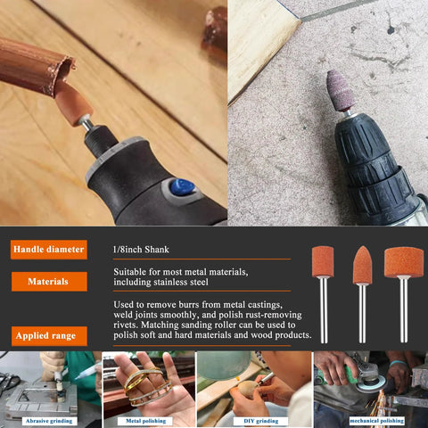 Sunxeke 64Pcs sanding bits set for Dremel tools with 1/8 in shank; includes aluminum oxide grinding stones and drums