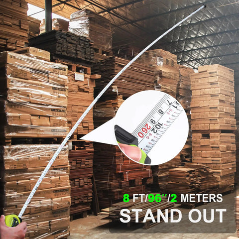 8 ft extended view of 25 Ft Tape Measure With Dual Metric And Imperial Scales One Eighth Inch Fractions Easy Read Blade Handy Compact