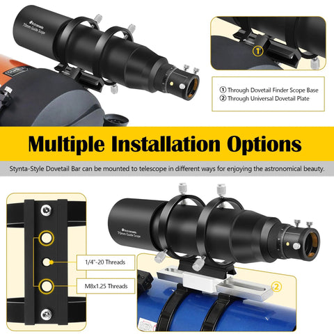 Upgraded 70mm FMC Guide Scope Kit With Double Helical Focuser, deluxe finder showing installation options on telescope.