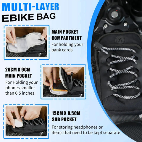 Non Slip Battery Cover Frame Bag For Electric Dirt Bikes 7.8 Inch Storage Pouch Water Resistant with multi-layer pockets.