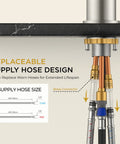 Detailed view of Brushed Nickel Kitchen Faucet With Pull Down Sprayer High Arc Gooseneck Spout Modern Sink Faucet CUPC showing supply hoses.