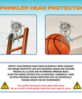 Heavy Duty Chrome Fire Sprinkler Head Guard Cage With Bulletproof Coverage And Foolproof Ceiling Installation For Flush Sidewall Or Semi Recessed Pipes Easy No Fuss Setup For One Half And Three Quarter Inch Heads Single Pack mounted above a ladder with protection icons.