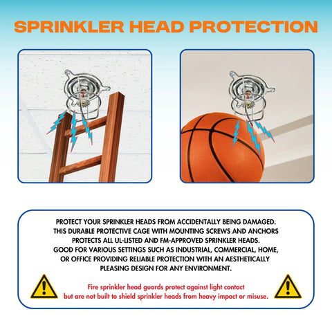 Heavy Duty Chrome Fire Sprinkler Head Guard Cage With Bulletproof Coverage And Foolproof Ceiling Installation For Flush Sidewall Or Semi Recessed Pipes Easy No Fuss Setup For One Half And Three Quarter Inch Heads Single Pack mounted above a ladder with protection icons.