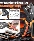 Grommet Tool Kit With Interchangeable Double Head For Three Eighths And One Quarter Inch Grommets Handheld Kit With 280 Eyelets And Grommets For Tarps Leather Fabric Projects showing ratchet pliers with comfort grip and multiple attachments.