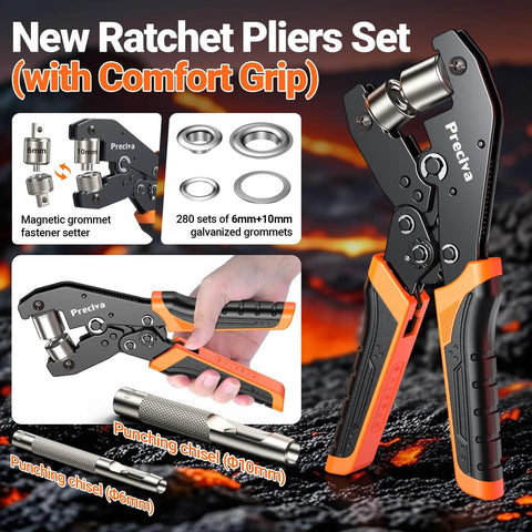 Grommet Tool Kit With Interchangeable Double Head For Three Eighths And One Quarter Inch Grommets Handheld Kit With 280 Eyelets And Grommets For Tarps Leather Fabric Projects showing ratchet pliers with comfort grip and multiple attachments.