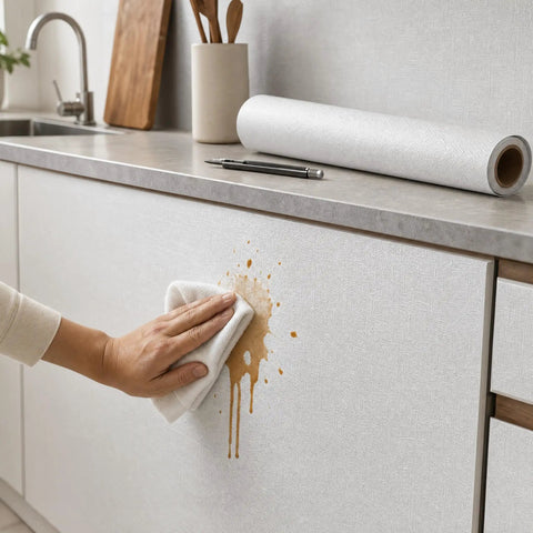 Self Adhesive Wallpaper Roll Subtle Gray Linen Texture Waterproof Vinyl Peel and Stick Film being cleaned on a cabinet surface.