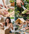 Collage showing Heavy Duty Kitchen Scissors Set Eight And A Half Inch Two Pack Stainless Steel Shears being used in kitchen, garden, office, outdoor