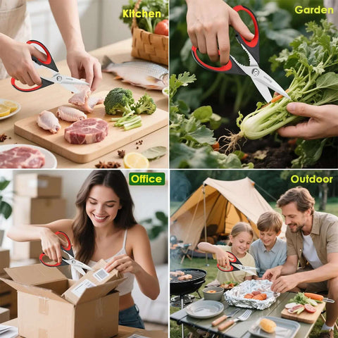 Collage showing Heavy Duty Kitchen Scissors Set Eight And A Half Inch Two Pack Stainless Steel Shears being used in kitchen, garden, office, outdoor