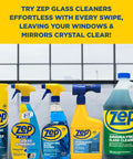 Front view of Zep glass cleaners, including Streak Free Glass Cleaner That Delivers Spotless Windows And Mirrors Fast With An Ammonia Based Professional Grade Formula That Destroys Dirt Fingerprints Grime Smoke Haze And Toothpaste Residue On Glass Surfaces, assorted bottles on display with yellow background and window view.