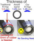 Comparison of traditional R-Hop vs our R-Hop on 1.25mm airsoft barrel, highlighting sanding differences for R Hop AEG Upgrade Kit With ZCI 6.02mm Tightbore Barrel, R-Hopped Performance, And Modify Flat Hop Bucking.