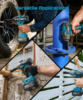 Heavy Duty Cordless Impact Wrench Delivering 738 Foot Pounds Of Knockout Brute Force Half Inch Driver Brushless Rig in action on various tasks.