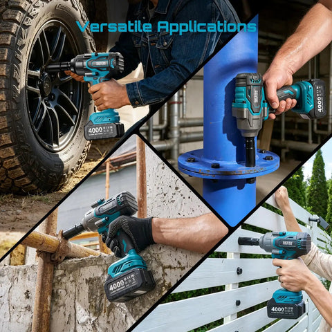 Heavy Duty Cordless Impact Wrench Delivering 738 Foot Pounds Of Knockout Brute Force Half Inch Driver Brushless Rig in action on various tasks.