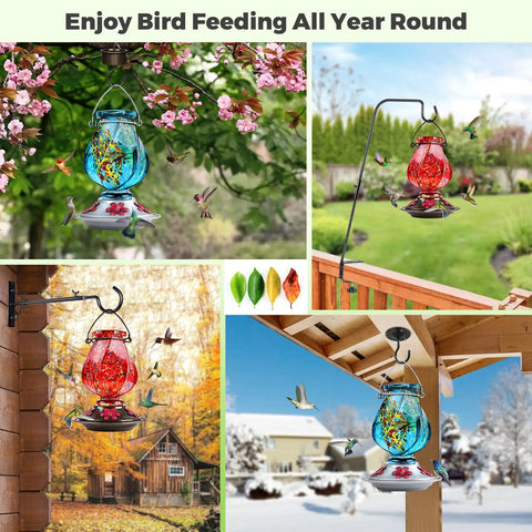 Hand Blown Glass Hummingbird Feeder With Ant Moat And Bee Proof Ports For Outdoor Hanging Leak Proof 360 Degree Perch 22 Ounce Blue Gift For Women Men Mom Dad in various natural settings
