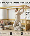 Mother assembling Twin Size Canopy Bed Frame With Four Posters And High Guardrails For Kids Montessori Floor Bed Natural Wood
