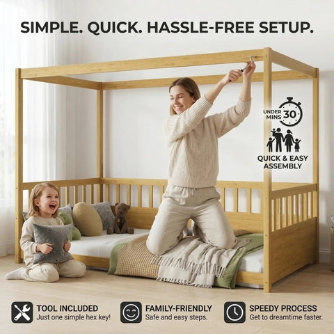Mother assembling Twin Size Canopy Bed Frame With Four Posters And High Guardrails For Kids Montessori Floor Bed Natural Wood