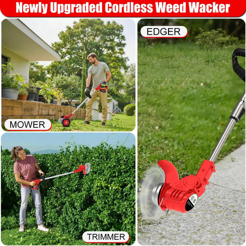 Man using Cordless Weed Wacker With Dual 21V Batteries Wheel 15 Blades 3-In-1 Stringless Trimmer Edger Brush Cutter For Lawn Care