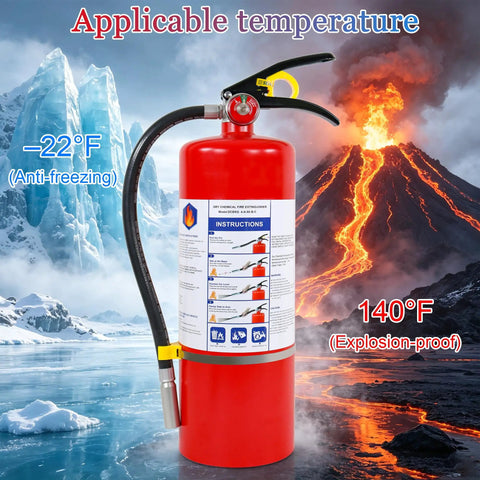 Badass 10 LB ABC Fire Extinguisher Dry Chemical Multi Purpose in front of icy landscape and volcano, showcasing temperature range.