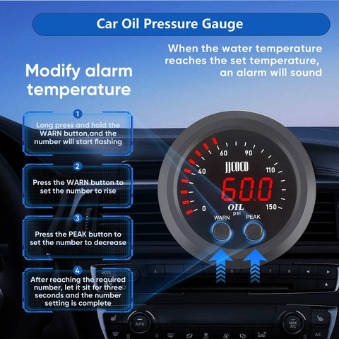 Front view of JJCOCO oil pressure gauge kit, 52 mm digital red display with 1/8 NPT sensor for automotive use.